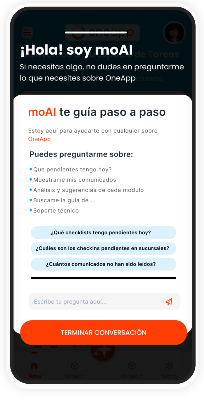  Inteligencia Artificial  integrada de forma nativa en OneApp que guía y ayuda a los colaboradores a mejorar su desempeño